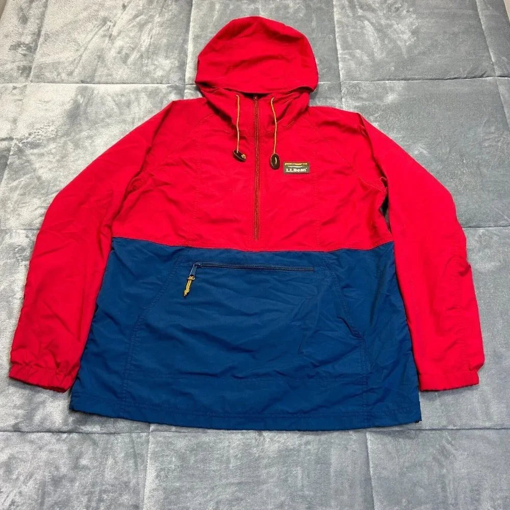 L.L. Bean Jacket Men's Sz M 1/2 Zip Windbreaker Hooded Anorak Red Blue - Picture 1 of 12